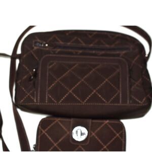Vera Bradley Brown Quilted Microfiber Turn Lock Zip Wallet & Crossbody Mod Purse